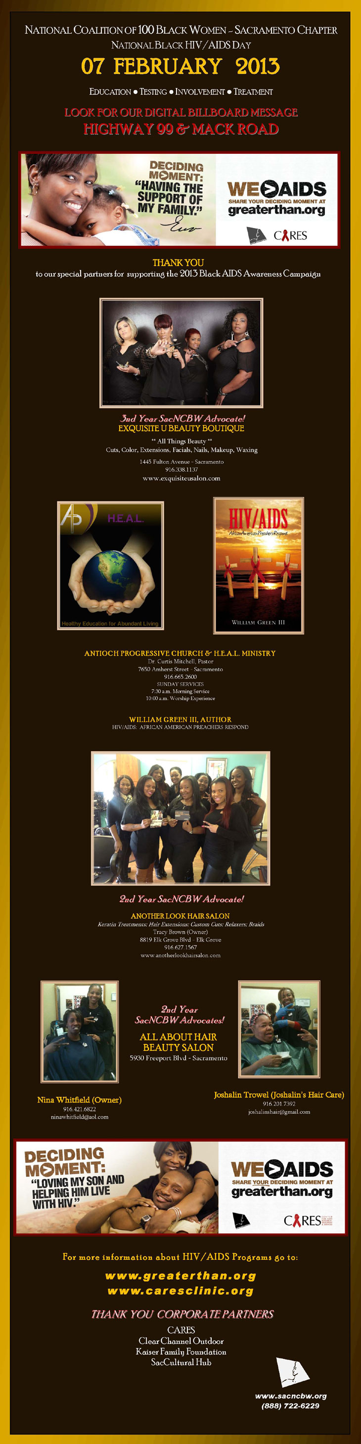 Sacramento Chapter of the National Coalition of 100 Black Women, Inc presents an exclusive eblast message of thanks to its special partners for supporting the 2013 Black AIDS Awareness Campaign