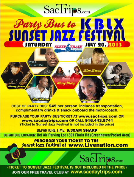 Party Bus from Sacramento to Concord to attend the KBLX Sunset Jazz Festival!