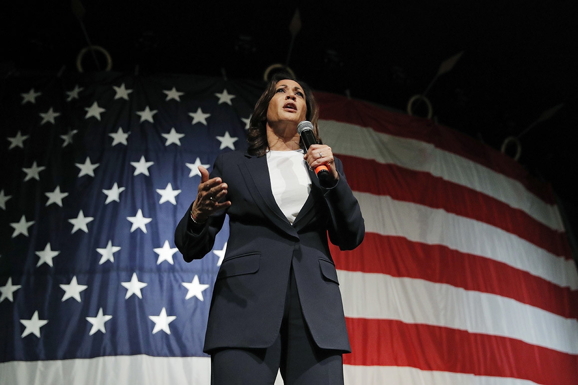 Sen. Kamala Harris speaks at the Iowa Democratic Wing Ding on Friday in Clear Lake, Iowa. | John Locher/AP Photo