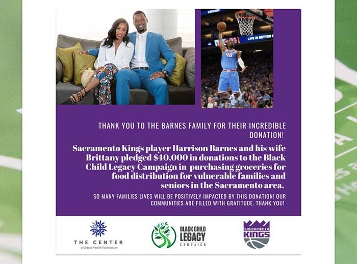 Sacramento Kings player Harrison Barnes and wife, Brittany, Donate