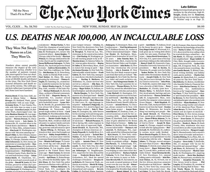 An incalculable loss”: Sunday front page filled with names of those lost to coronavirus