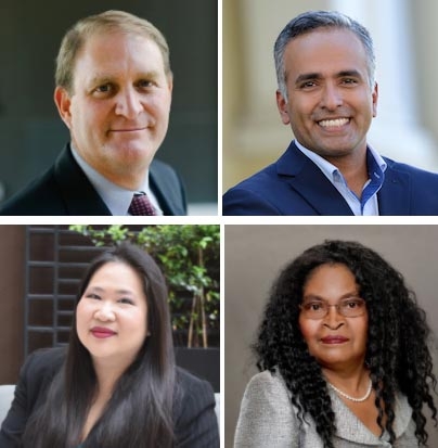 Clockwise from top left: Nathaniel Persily, Healthy Elections Project, Stanford University; Karthick Radakrishnan, Founder and Director, AAPI Data; Andrea Miller, Founder, Reclaim Our Vote; Terry Ao Minnis, Senior Director of Census and Voting Programs, A