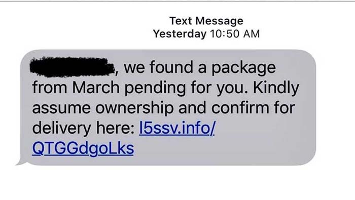 Receive a text message about a pending package? Don’t click the link — it’s a scam, officials say