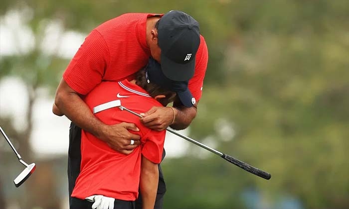 Tiger Woods Gives Son Charlie, 11, Big Hug After Showing Off Twinning Swings in First Tournament Together