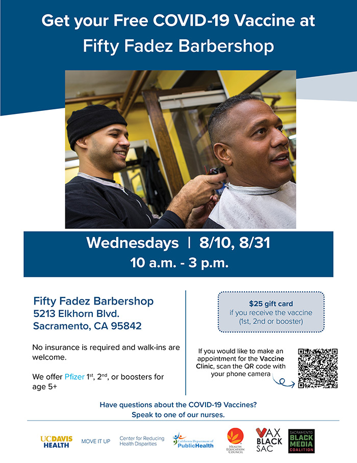 At Fifty Fadez Barbershop in SacTown – Get your free COVID-19 Vaccine