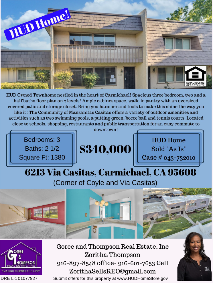 NEW LISTING: HUD Owned 3-bedroom Townhome in heart of Carmichael, CA