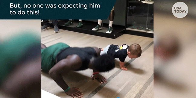 Good news: Kid stuns college football team when he drops down to some one-armed push-ups